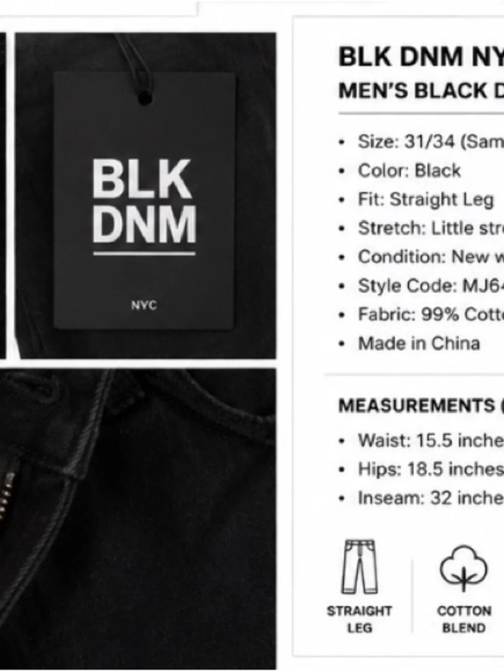 BLK DNM NYC Men’s Black Straight Leg Jeans Size 31x34 NWT Sample